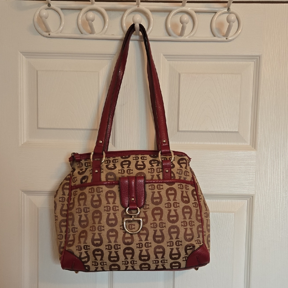 Etienne Aigner Burgundy and Tan Shoulder Bag